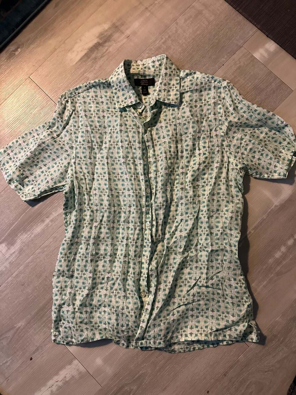 Club Room Linen Luxury Short Sleeve Shirt Size S Green Pattern